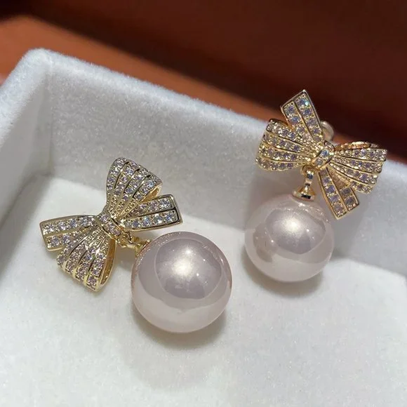 Gold Pearl Bow Earrings - Picture 2 of 6